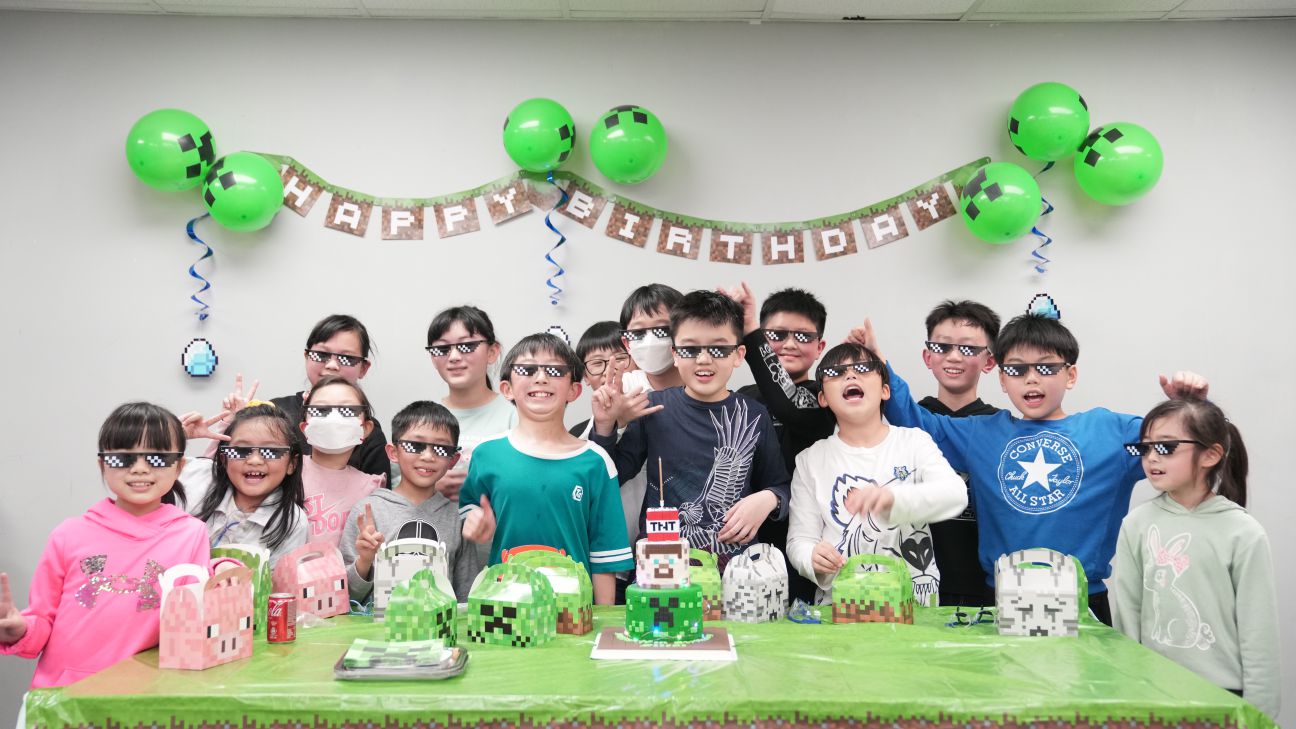 Children celebrating minecraft themed birthday party